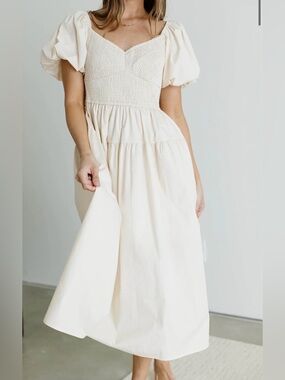 Poplin Smocked Midi Dress in Oyster (Size S)